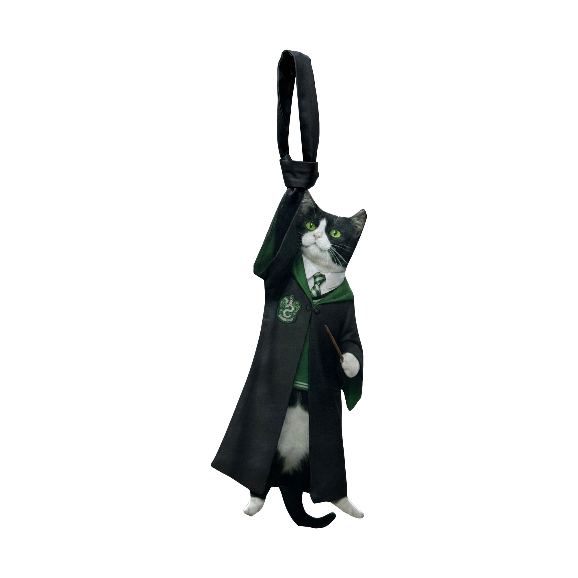 Novelty necktie featuring a creative illustration of a tuxedo cat dressed as a Hogwarts student from house Slytherin, wearing a black robe with green accents, a house crest, and a green and white striped tie, while holding a magic wand. A fun and unique fashion accessory for Harry Potter fans