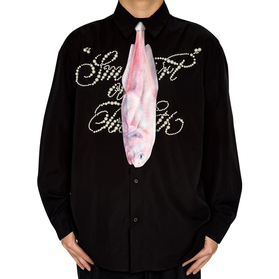 Novelty necktie featuring a realistic, detailed illustration of a pale pink fish, a unique and eye-catching fashion accessory for aquatic life enthusiasts