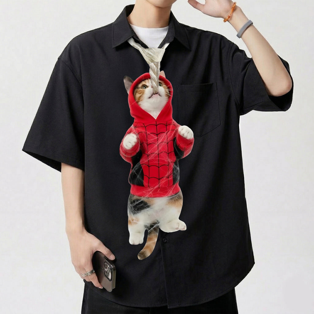 Novelty necktie featuring a calico cat wearing a red and black spider-themed hoodie, appearing to hang from a rope