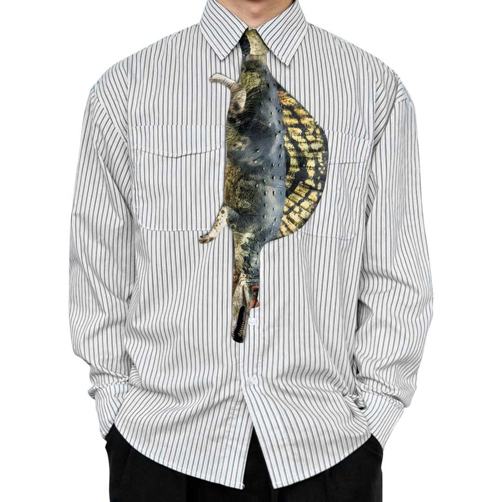 Novelty necktie featuring a realistic illustration of a Spinosaurus with its iconic large dorsal sail, a bold and unique fashion accessory for dinosaur fans and paleontologists.
