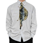 Novelty necktie featuring a realistic illustration of a Spinosaurus with its iconic large dorsal sail, a bold and unique fashion accessory for dinosaur fans and paleontologists.
