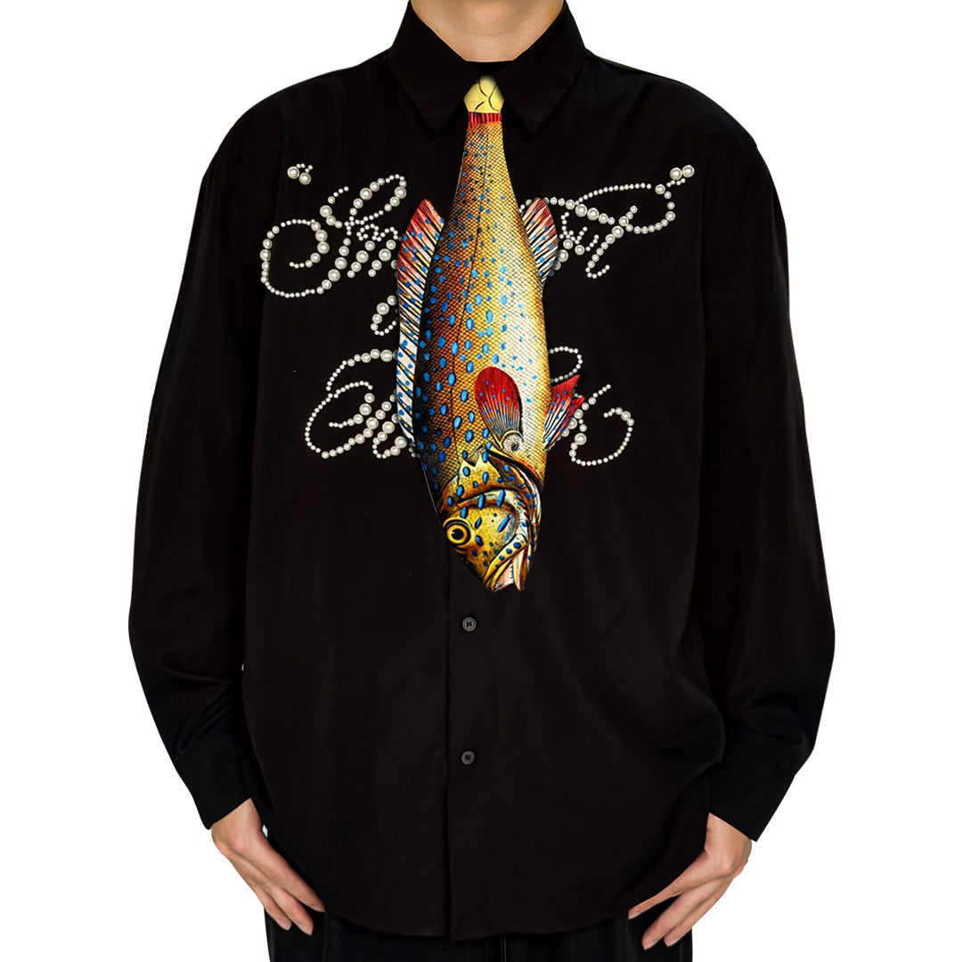 Novelty necktie featuring a realistic hanging fish design with vibrant blue spots and red fins, a unique and eye-catching fashion accessory.