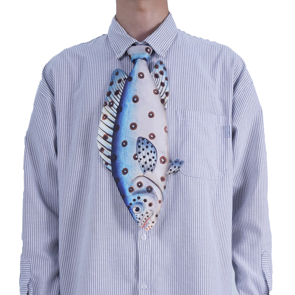 Novelty necktie featuring a unique spotted fish design.
