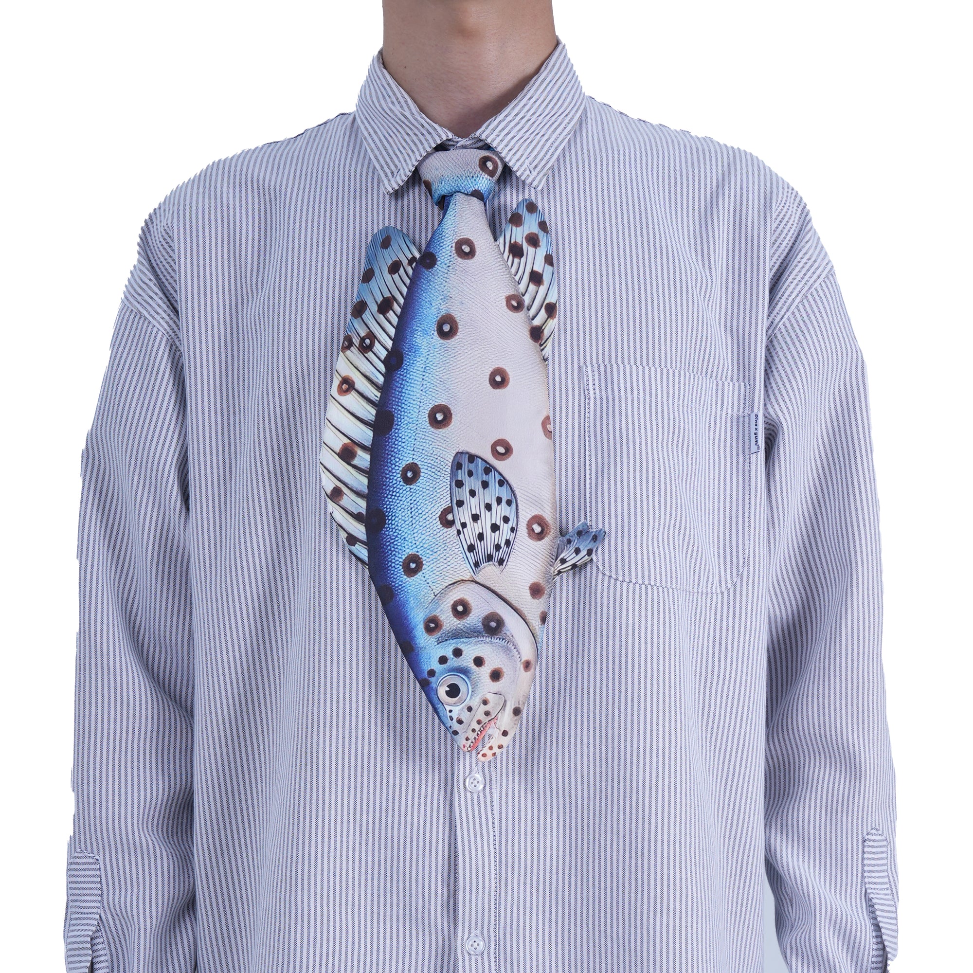 Novelty necktie featuring a unique spotted fish design.