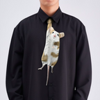 Novelty necktie featuring a realistic hanging white and brown spotted mouse design, a fun and unique fashion accessory.