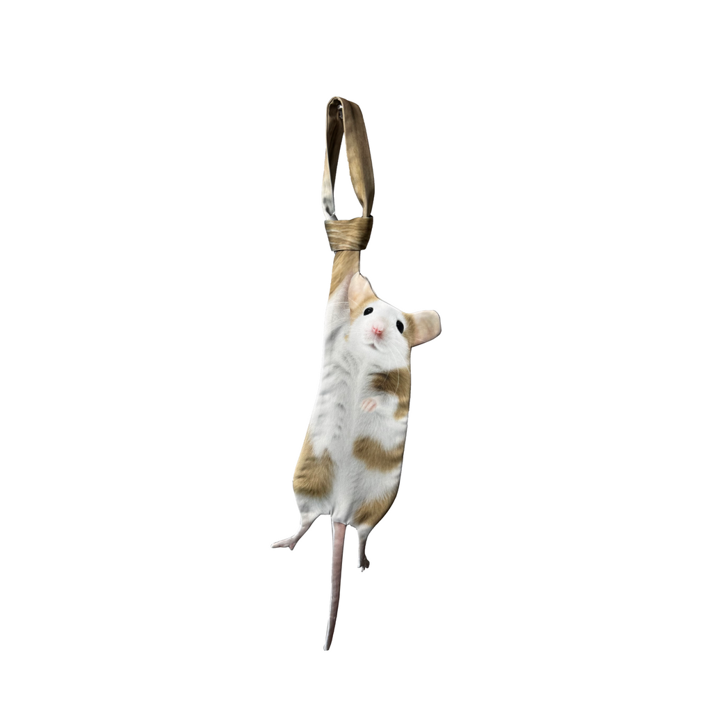 Novelty necktie featuring a realistic hanging white and brown spotted mouse design, a fun and unique fashion accessory.