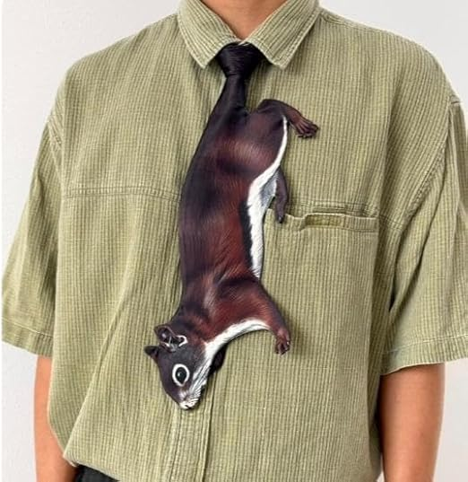 Novelty necktie featuring a realistic squirrel design, a fun and creative fashion accessory.