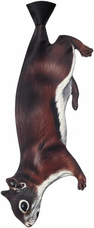 Novelty necktie featuring a realistic squirrel design, a fun and creative fashion accessory.