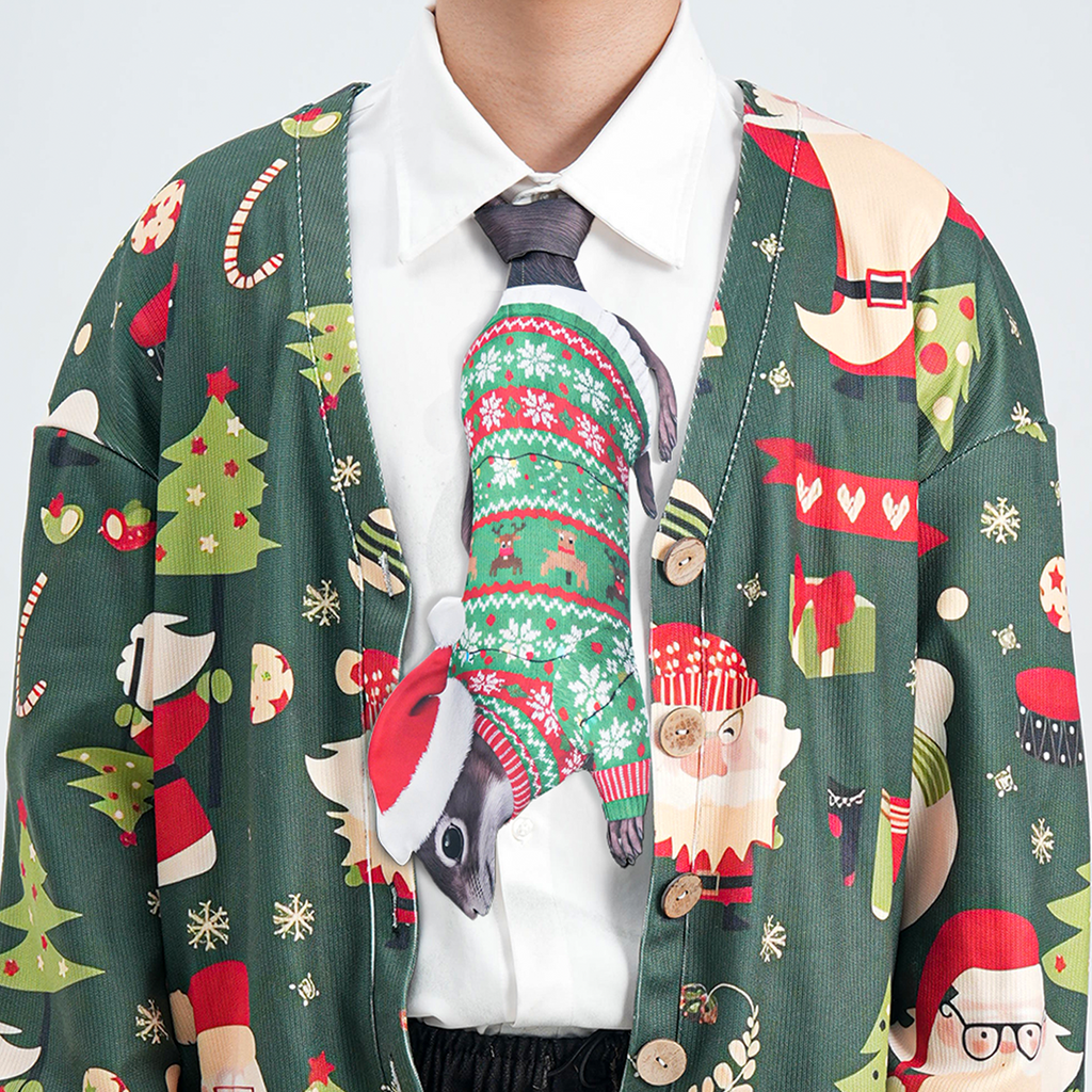 "Novelty Christmas tie featuring a cute squirrel wearing a Santa hat and holiday sweater, fun animal-themed accessory."