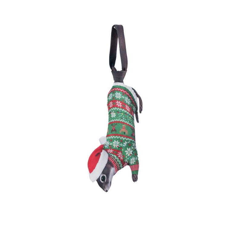 "Novelty Christmas tie featuring a cute squirrel wearing a Santa hat and holiday sweater, fun animal-themed accessory."