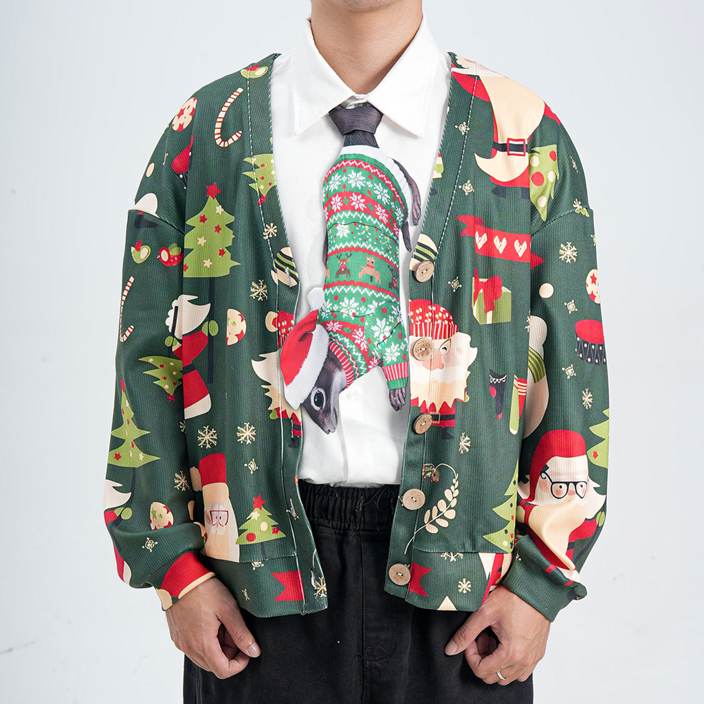 "Novelty Christmas tie featuring a cute squirrel wearing a Santa hat and holiday sweater, fun animal-themed accessory."