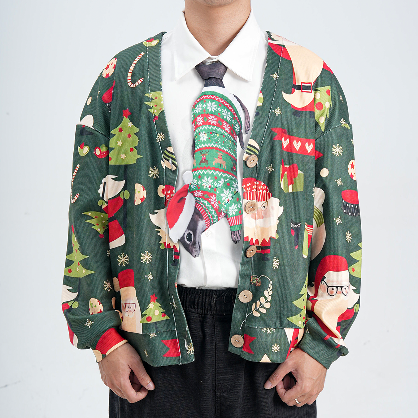 "Novelty Christmas tie featuring a cute squirrel wearing a Santa hat and holiday sweater, fun animal-themed accessory."