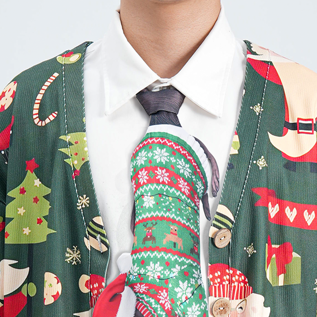 "Novelty Christmas tie featuring a cute squirrel wearing a Santa hat and holiday sweater, fun animal-themed accessory."