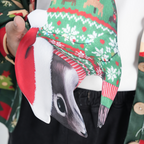 Novelty Christmas tie featuring a cute squirrel wearing a Santa hat and holiday sweater, fun animal-themed accessory.