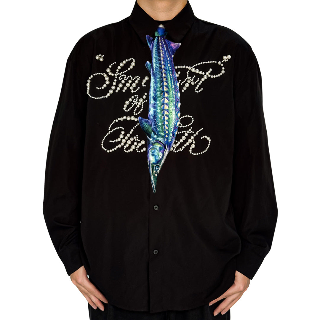Novelty necktie featuring a realistic, detailed illustration of a sturgeon fish with vibrant blue and iridescent scales, a unique and eye-catching fashion accessory for aquatic life enthusiasts