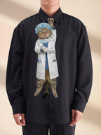 Novelty necktie featuring a tabby cat dressed as a surgeon in a white lab coat, blue scrubs, a surgical cap, and a face mask