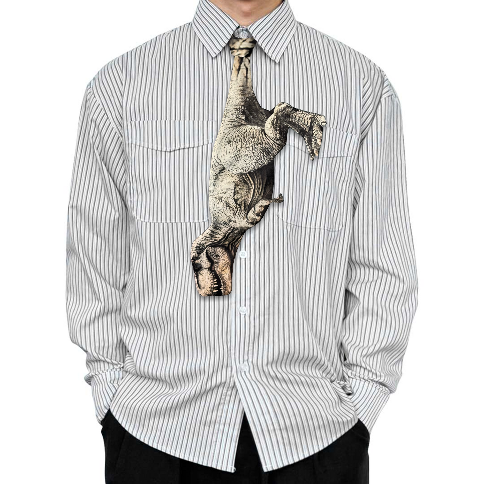 Novelty necktie featuring a realistic, detailed illustration of a Tyrannosaurus Rex in a hanging pose, a fun and unique fashion accessory for dinosaur enthusiasts