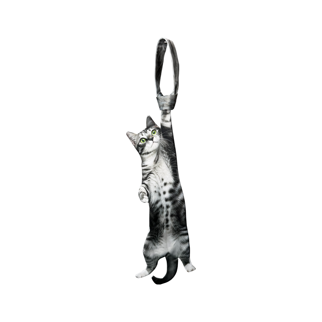 Novelty necktie featuring a realistic hanging tabby cat design, a fun and unique fashion accessory.