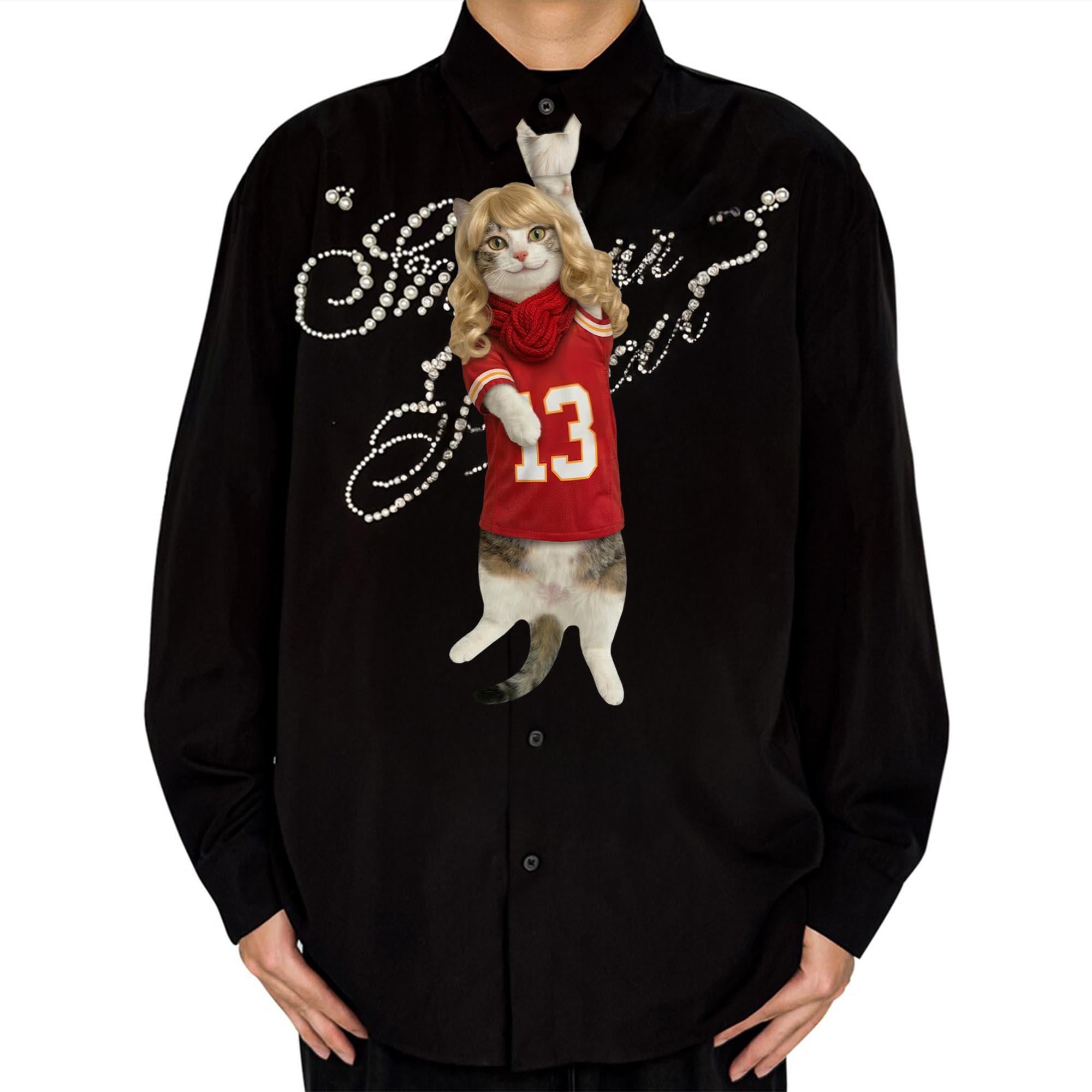 Novelty necktie featuring a cat wearing a blonde wig, a red football jersey with the number 13, and a red scarf