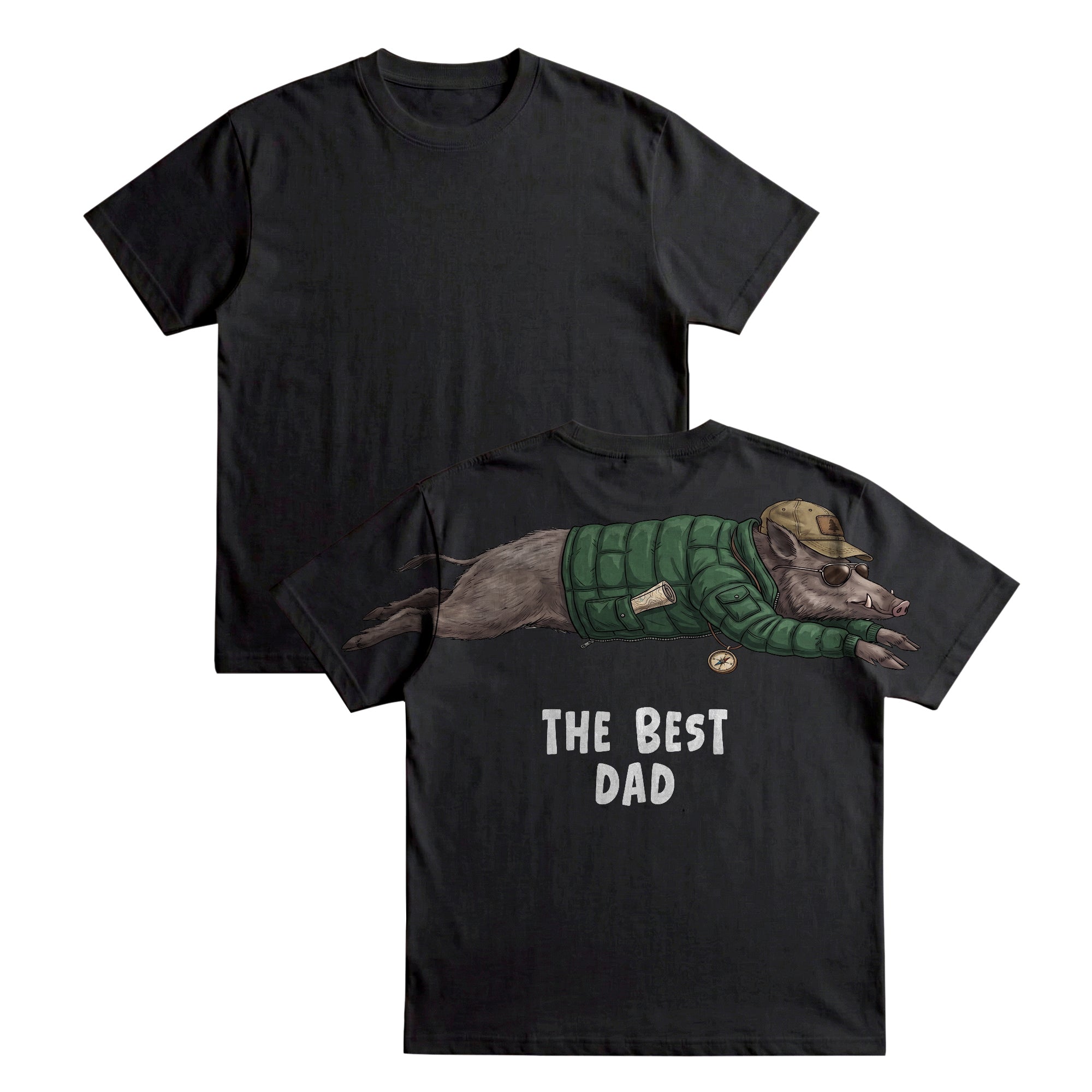 The Best Dad wild boar graphic tee funny fathers day by Dripvity, unisex oversized white t-shirt with adventurous boar wearing jacket and cap design