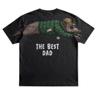 The Best Dad wild boar graphic tee funny fathers day by Dripvity, unisex oversized white t-shirt with adventurous boar wearing jacket and cap design