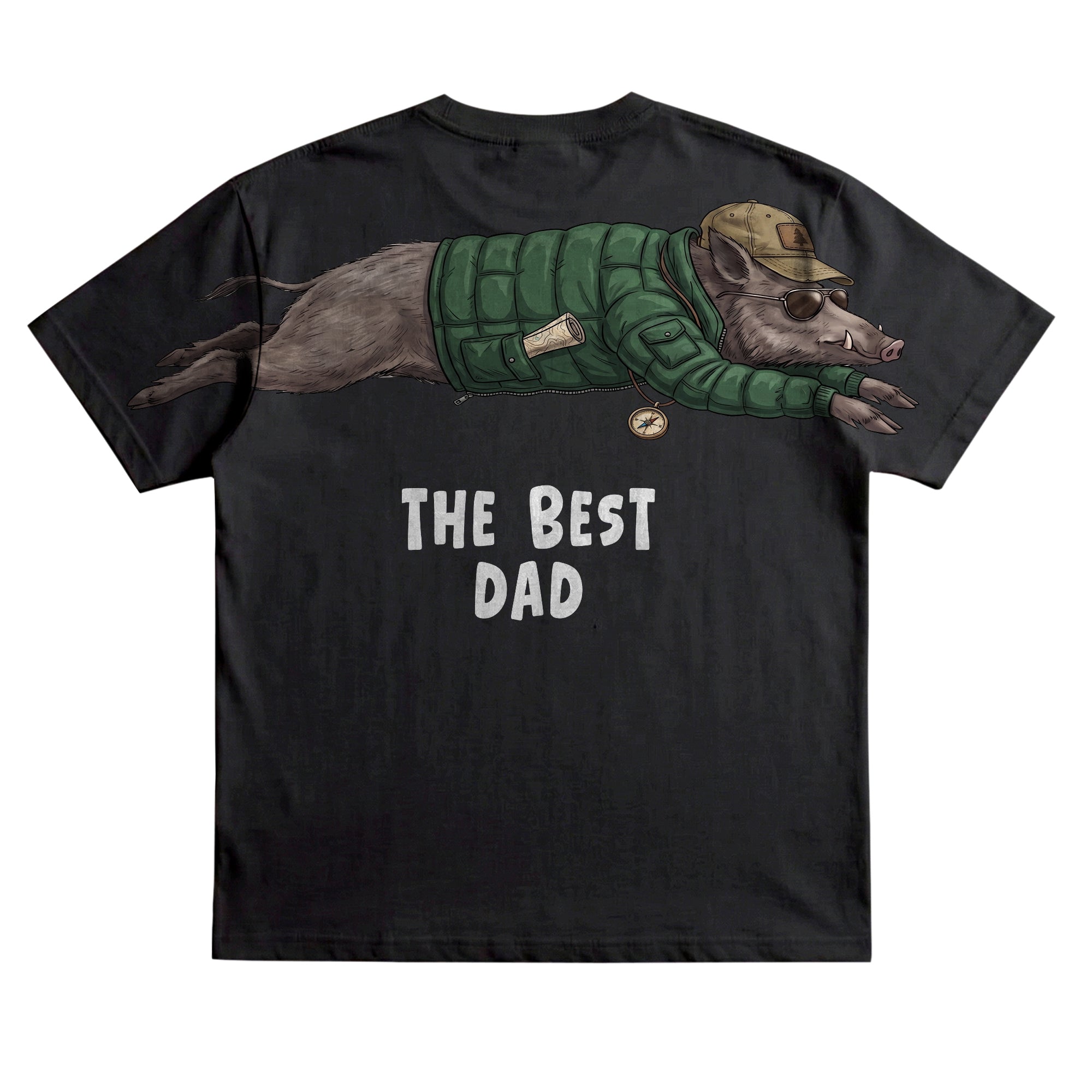 The Best Dad wild boar graphic tee funny fathers day by Dripvity, unisex oversized white t-shirt with adventurous boar wearing jacket and cap design
