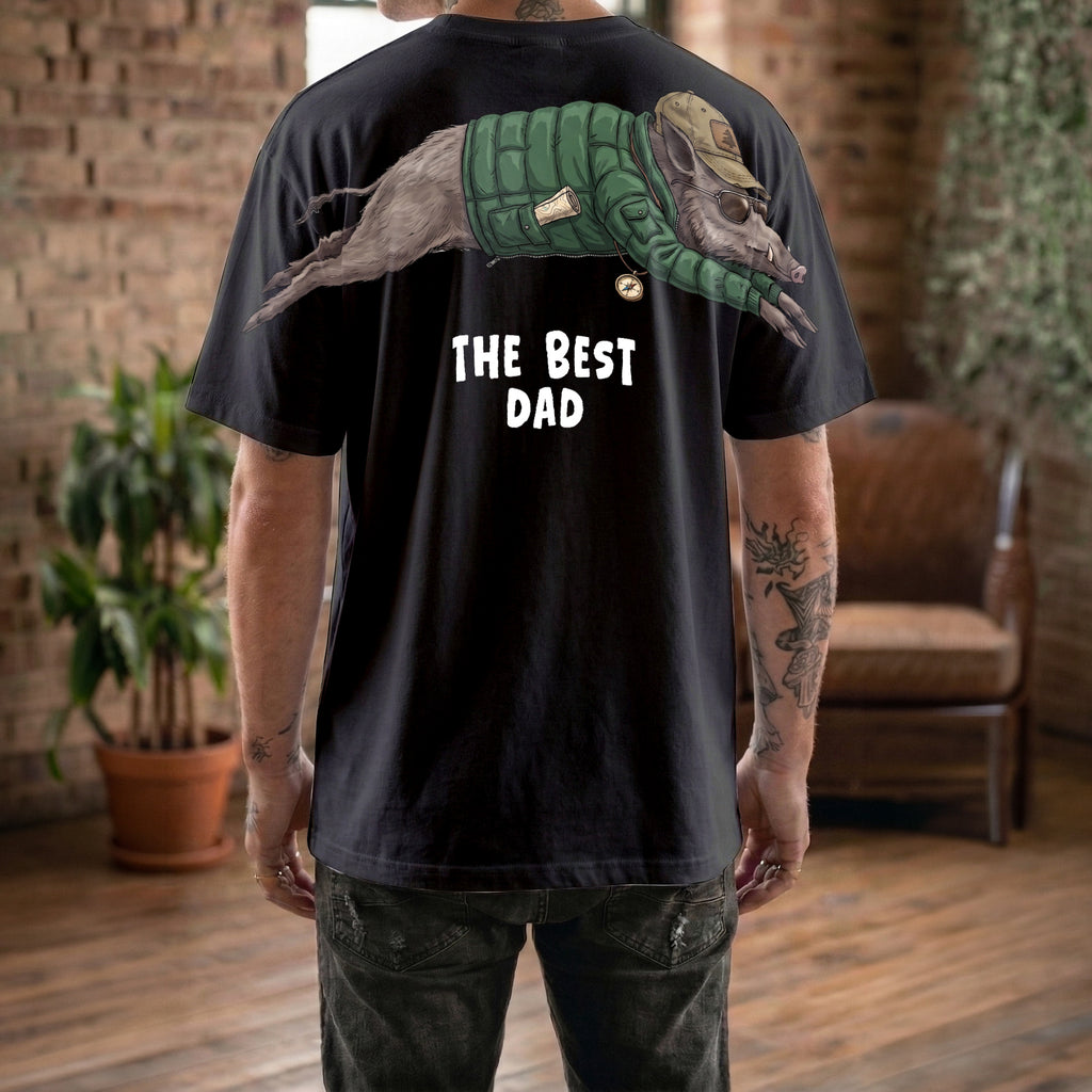 The Best Dad wild boar graphic tee funny fathers day by Dripvity, unisex oversized white t-shirt with adventurous boar wearing jacket and cap design