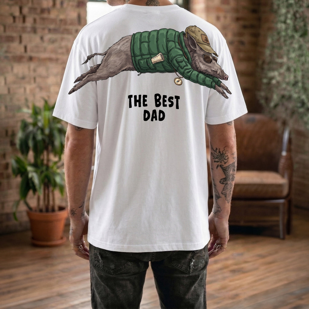 The Best Dad wild boar graphic tee funny fathers day by Dripvity, unisex oversized white t-shirt with adventurous boar wearing jacket and cap design