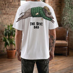 The Best Dad wild boar graphic tee funny fathers day by Dripvity, unisex oversized white t-shirt with adventurous boar wearing jacket and cap design