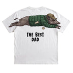 The Best Dad wild boar graphic tee funny fathers day by Dripvity, unisex oversized white t-shirt with adventurous boar wearing jacket and cap design