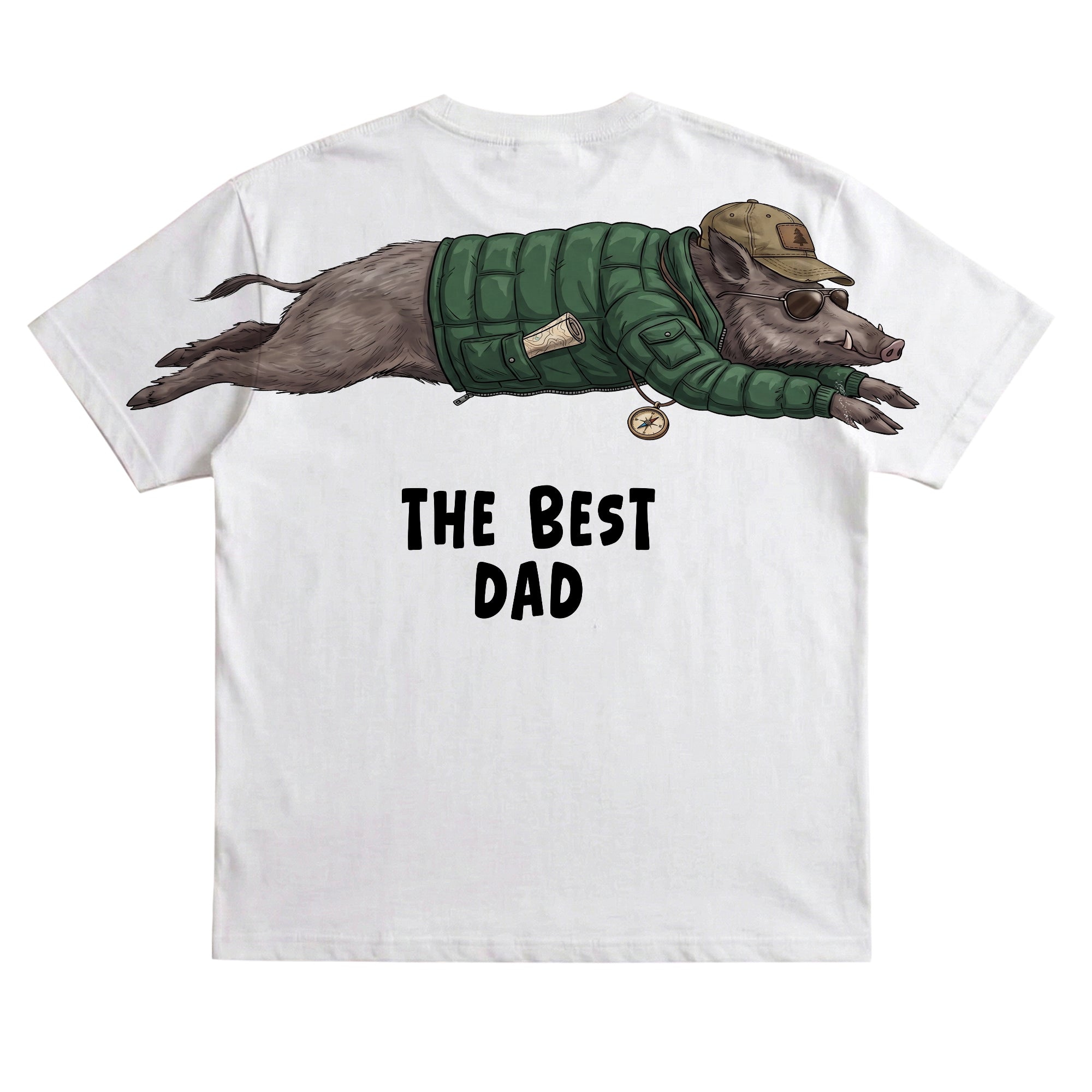 The Best Dad wild boar graphic tee funny fathers day by Dripvity, unisex oversized white t-shirt with adventurous boar wearing jacket and cap design