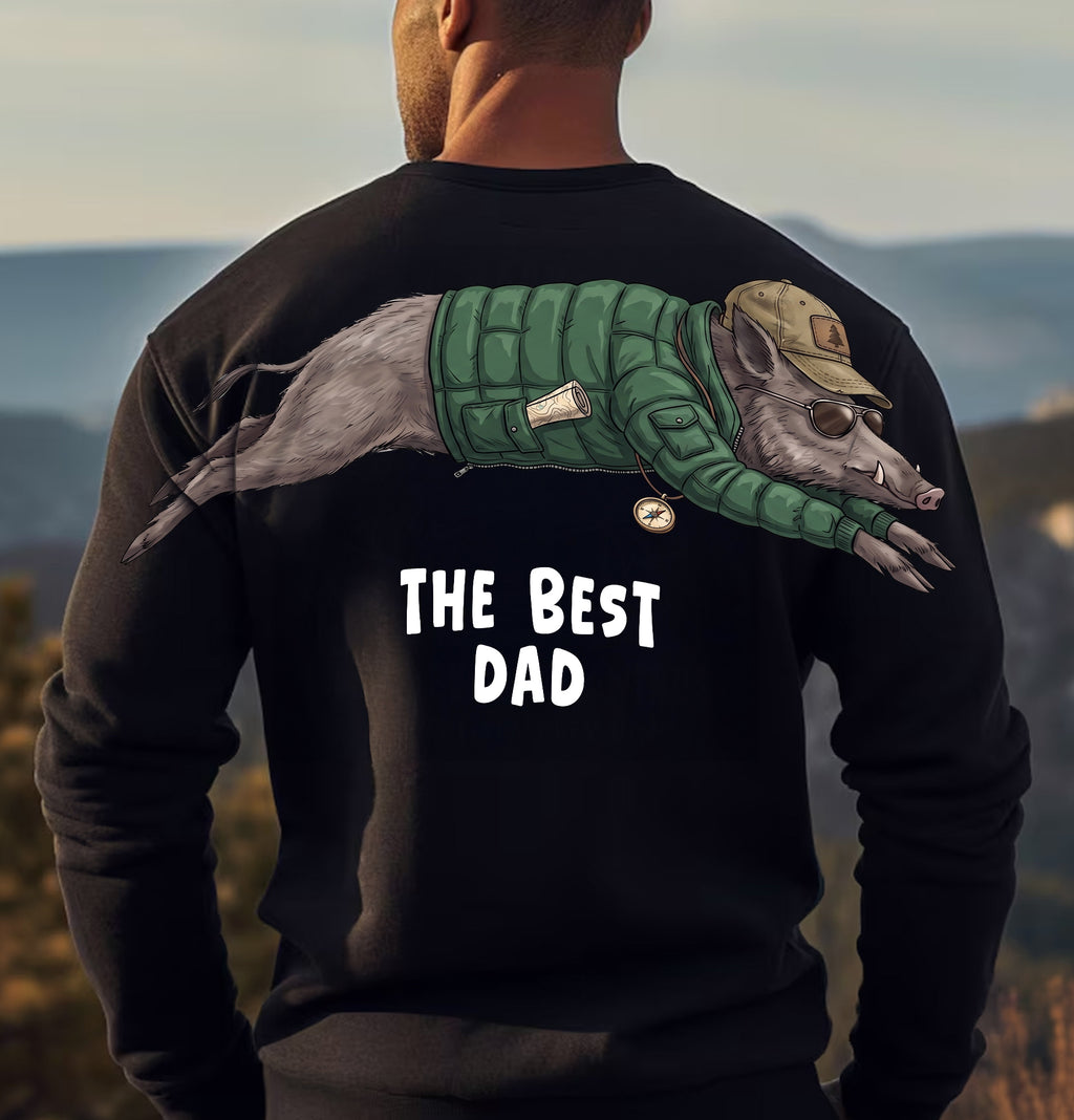 The Best Dad wild boar graphic tee funny fathers day by Dripvity, unisex oversized white t-shirt with adventurous boar wearing jacket and cap design