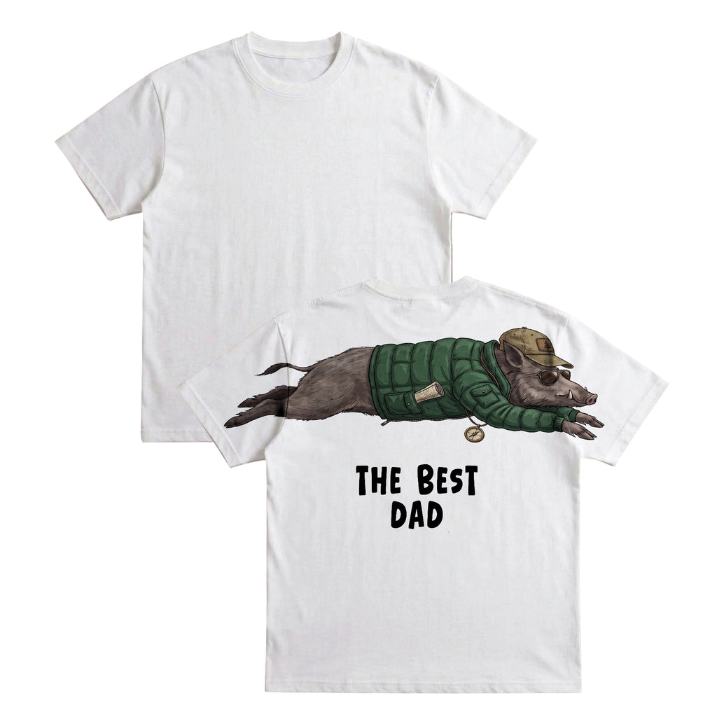 The Best Dad wild boar graphic tee funny fathers day by Dripvity, unisex oversized white t-shirt with adventurous boar wearing jacket and cap design