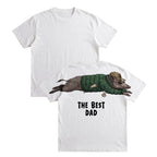 The Best Dad wild boar graphic tee funny fathers day by Dripvity, unisex oversized white t-shirt with adventurous boar wearing jacket and cap design