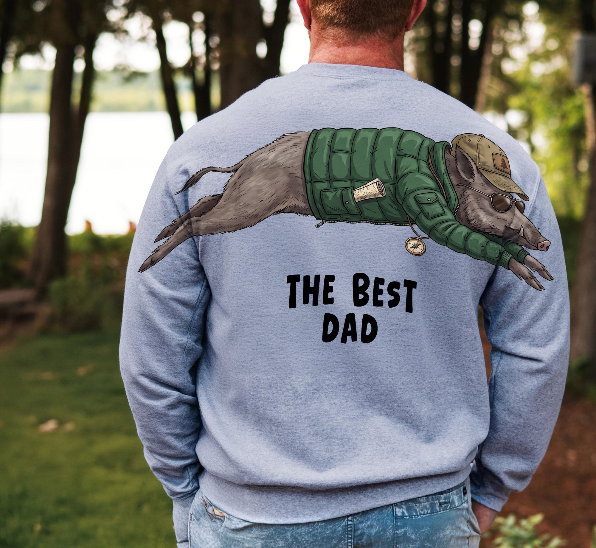 The Best Dad wild boar graphic tee funny fathers day by Dripvity, unisex oversized white t-shirt with adventurous boar wearing jacket and cap design