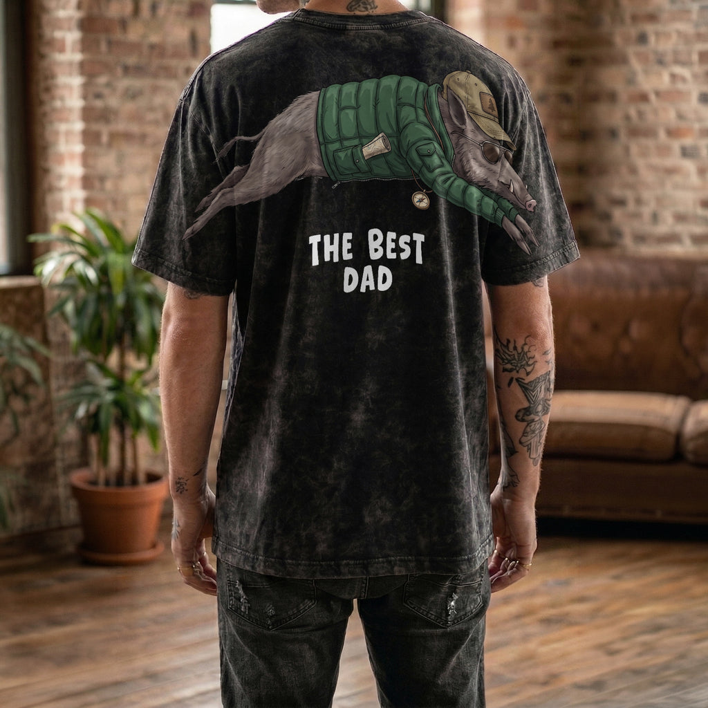 The Best Dad wild boar graphic tee funny fathers day by Dripvity, unisex oversized white t-shirt with adventurous boar wearing jacket and cap design
