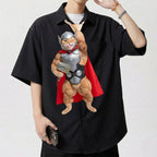 Novelty necktie featuring a muscular ginger cat dressed as Thor, wearing silver armor, a red cape, and holding a hammer decorated with a fish design.
