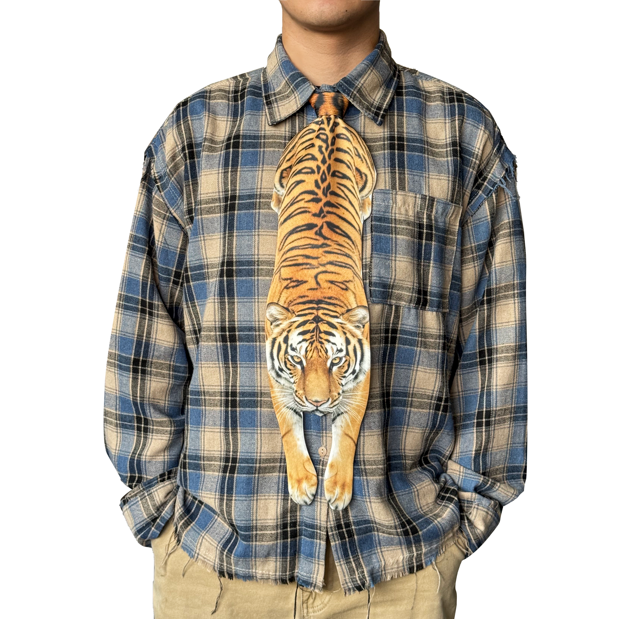 Novelty necktie featuring a realistic hanging tiger design, a bold and unique fashion accessory.1