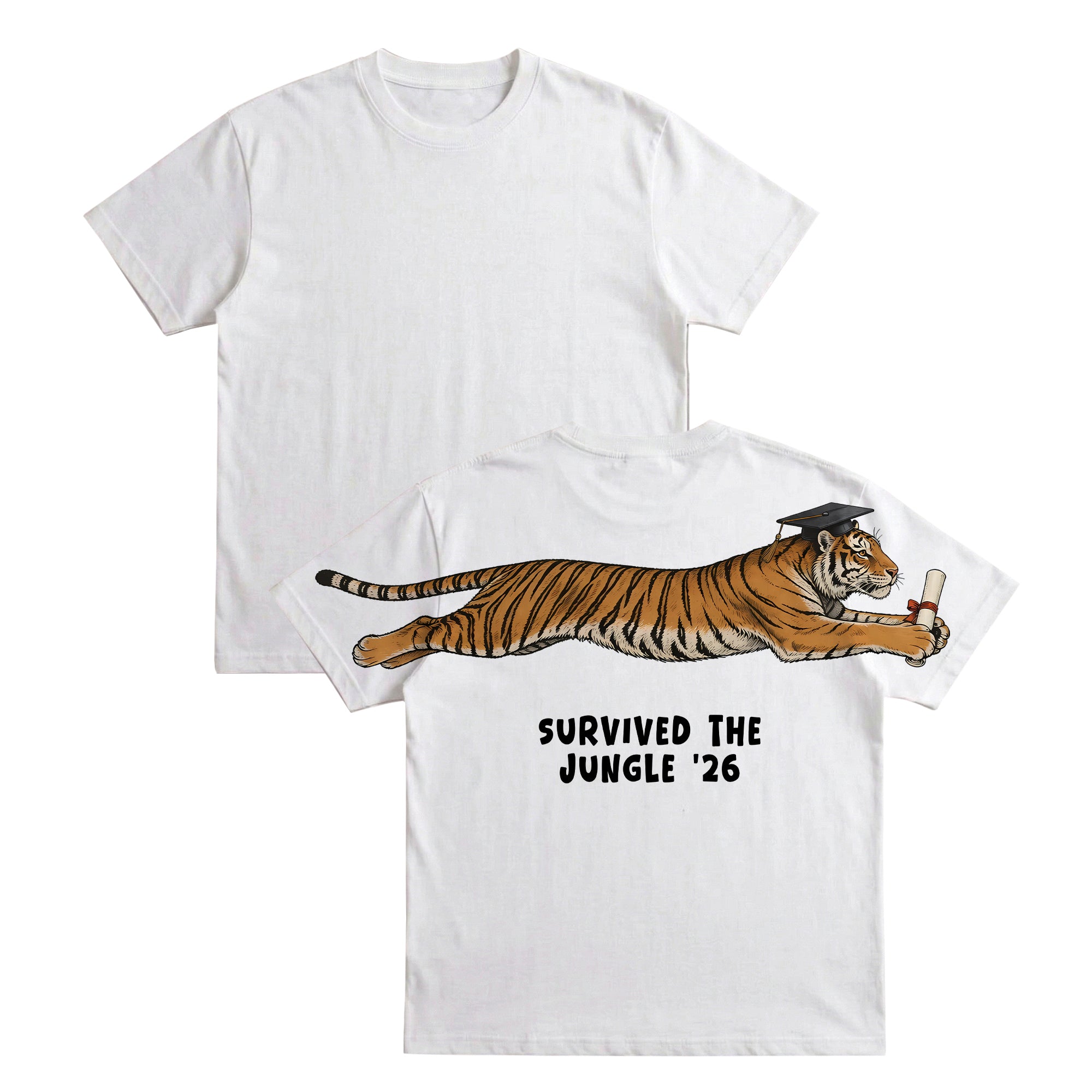 Tiger Survived The Jungle 26 graduation graphic tee by Dripvity, unisex oversized white t-shirt with leaping tiger in graduation cap and diploma