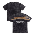 Tiger Survived The Jungle 26 graduation graphic tee by Dripvity, unisex oversized white t-shirt with leaping tiger in graduation cap and diploma