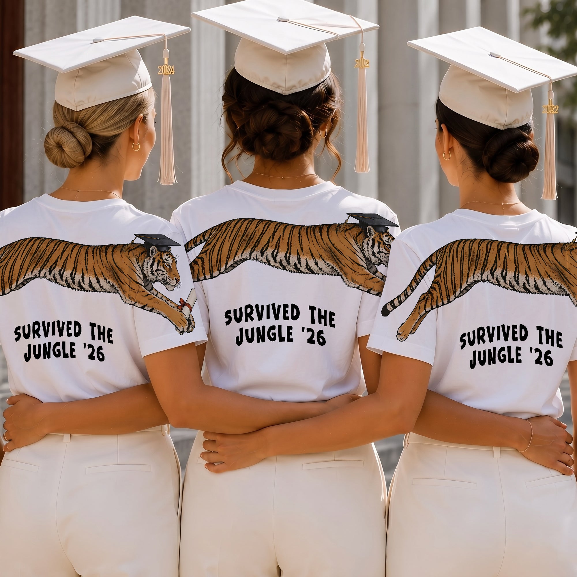 Tiger Survived The Jungle 26 graduation graphic tee by Dripvity, unisex oversized white t-shirt with leaping tiger in graduation cap and diploma