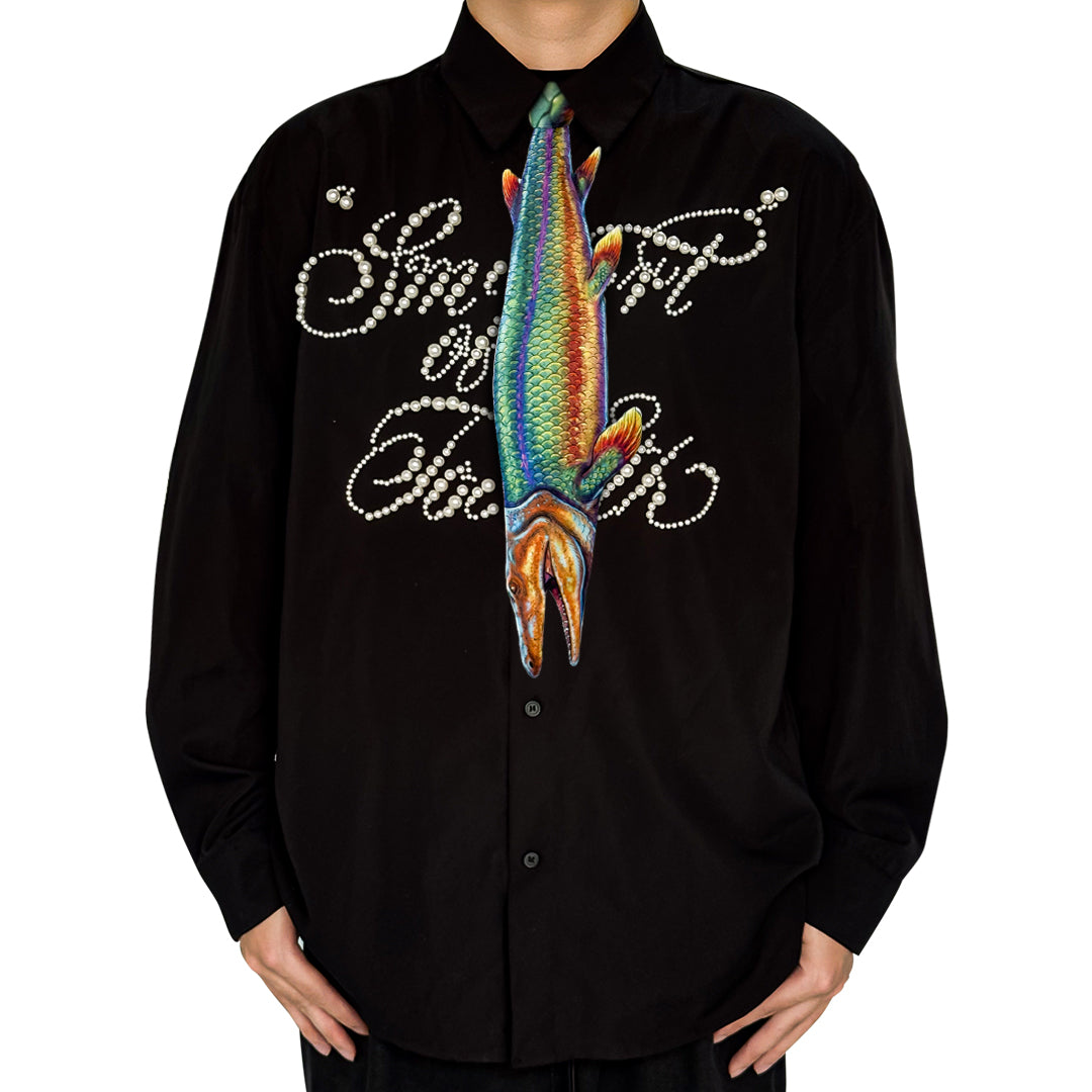 Novelty necktie featuring a detailed, artistic illustration of a predatory fish with vibrant, multi-colored scales, a unique and eye-catching fashion accessory.