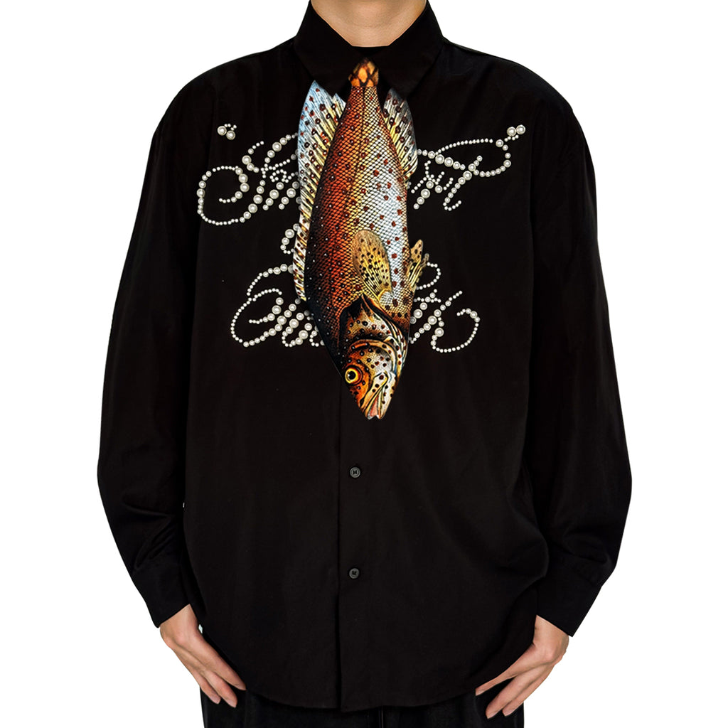 Novelty necktie featuring a realistic hanging trout fish design, a unique and fun fashion accessory for outdoor enthusiasts.