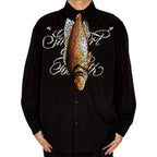 Novelty necktie featuring a realistic hanging trout fish design, a unique and fun fashion accessory for outdoor enthusiasts.