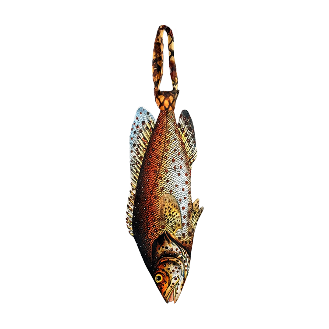 Novelty necktie featuring a realistic hanging trout fish design, a unique and fun fashion accessory for outdoor enthusiasts.