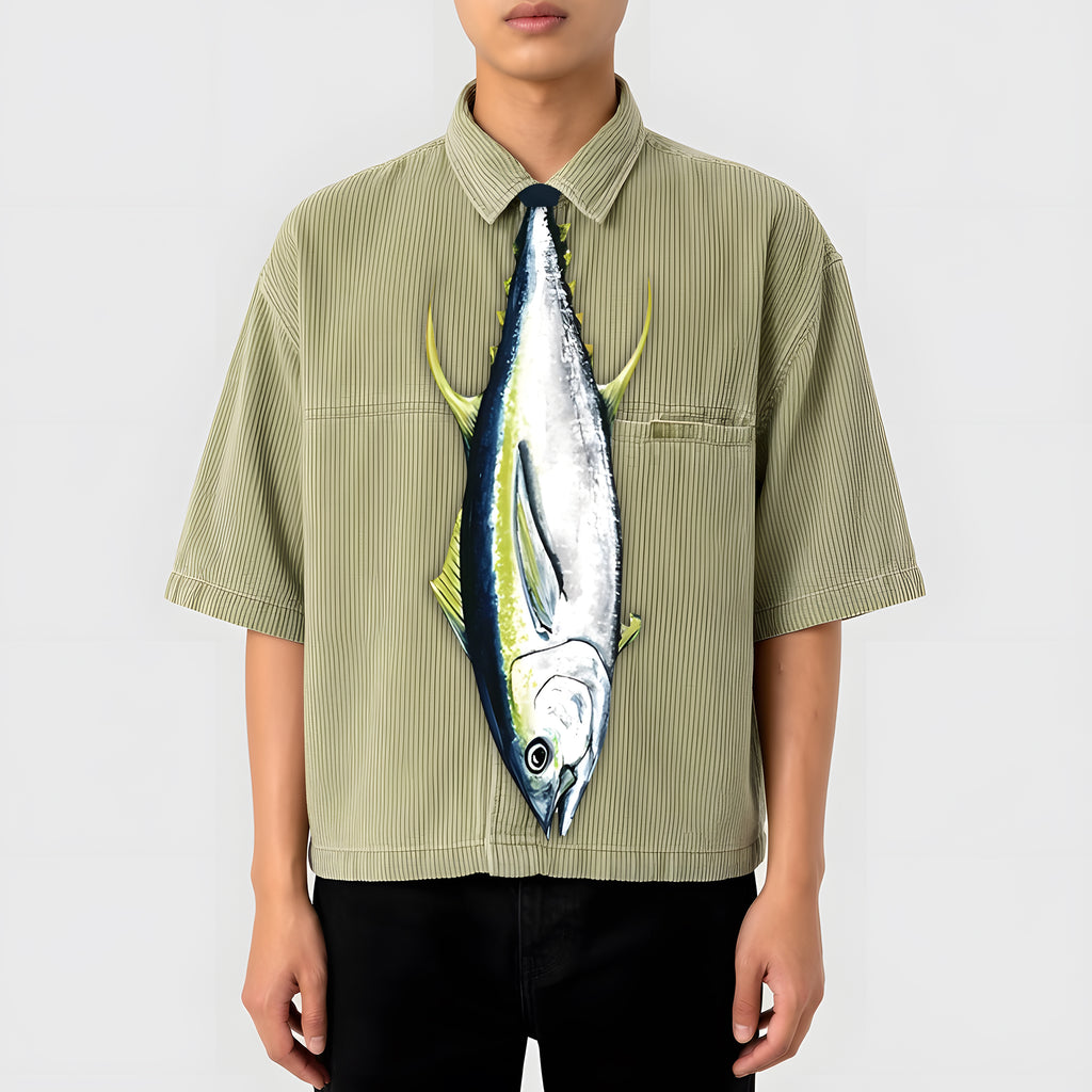Novelty necktie shaped like a tuna fish, featuring realistic details including fins and scales