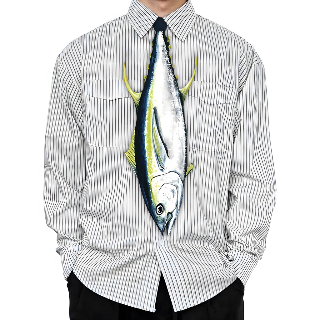 Novelty necktie shaped like a tuna fish, featuring realistic details including fins and scales