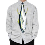 Novelty necktie shaped like a tuna fish, featuring realistic details including fins and scales