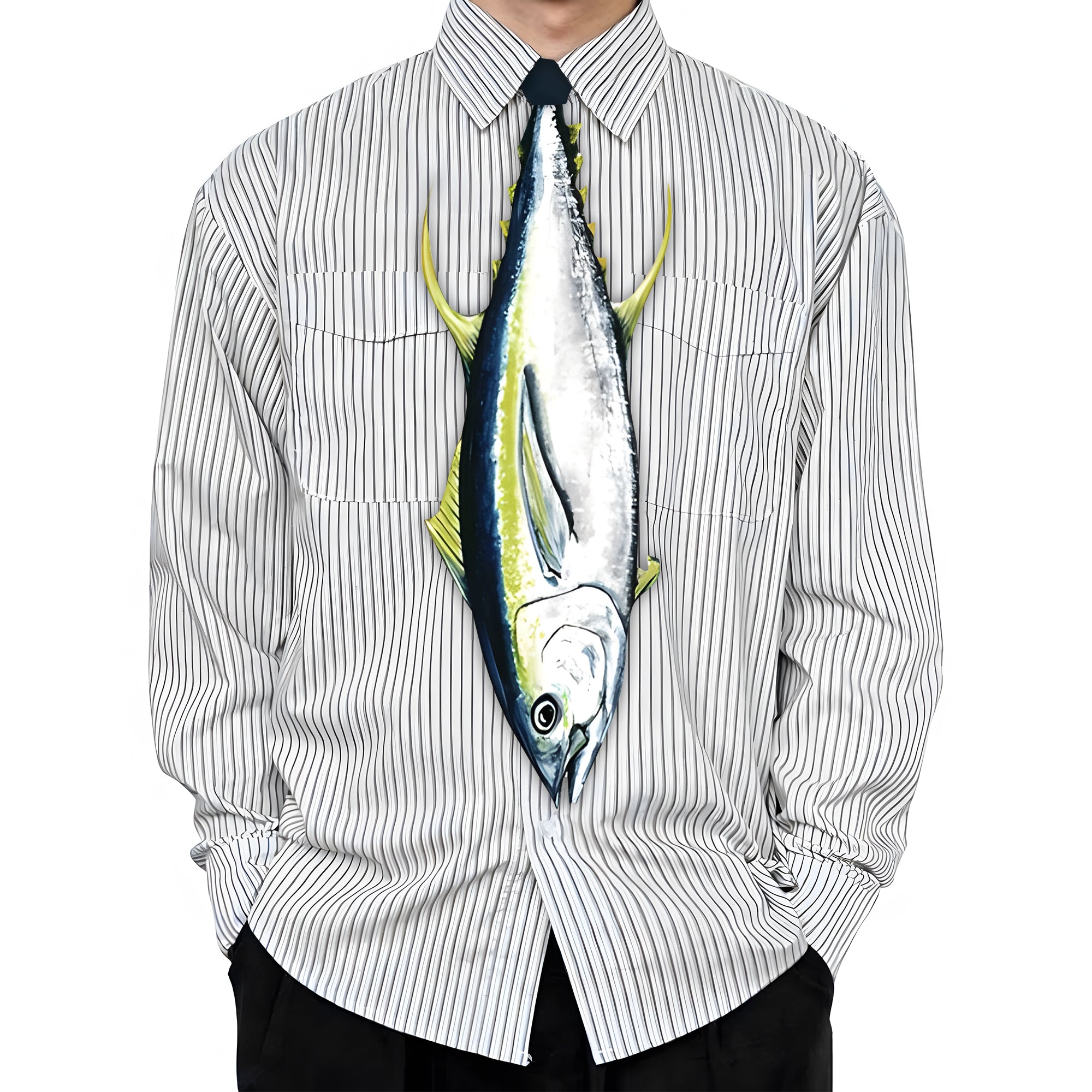 Novelty necktie shaped like a tuna fish, featuring realistic details including fins and scales
