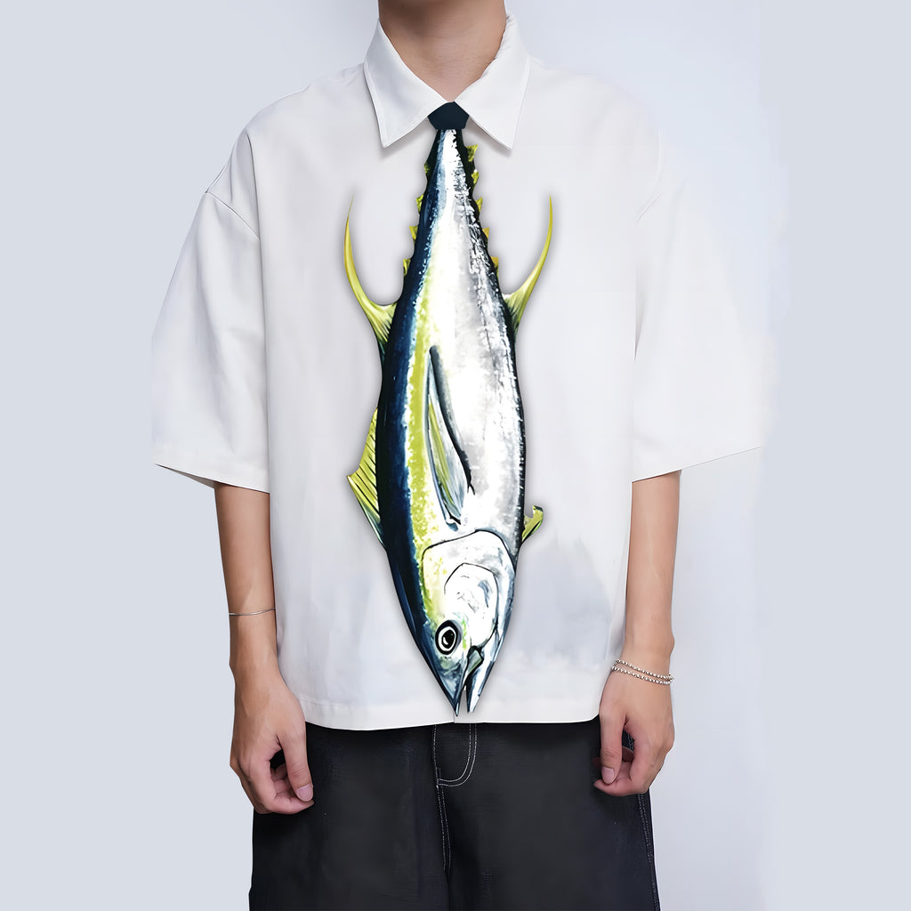 Novelty necktie shaped like a tuna fish, featuring realistic details including fins and scales